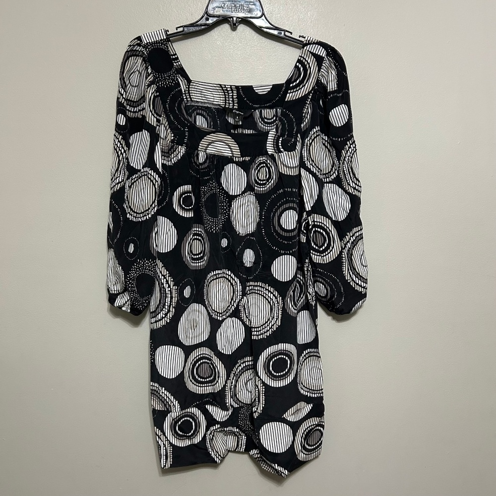 VTG Dress S 100% Silk Black Beige Geometric Square Neck 3/4 Sleeve Coctail Party